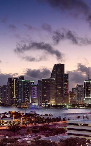 miami, florida, sunset, skyline, architecture, scenery, cityscape, downtown, nature, building, urban, sky, skyscraper, city, clouds, tower, metropolis, scenic