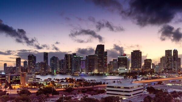 miami, florida, sunset, skyline, architecture, scenery, cityscape, downtown, nature, building, urban, sky, skyscraper, city, clouds, tower, metropolis, scenic