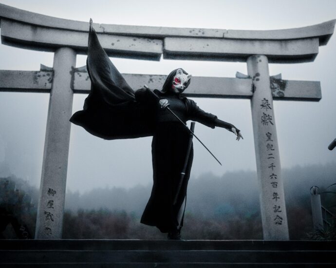 torii, traditional japanese gate, sakhalin, sword, warrior, cloak, cosplay, black and white, sword, sword, warrior, warrior, warrior, warrior, warrior, cosplay, cosplay