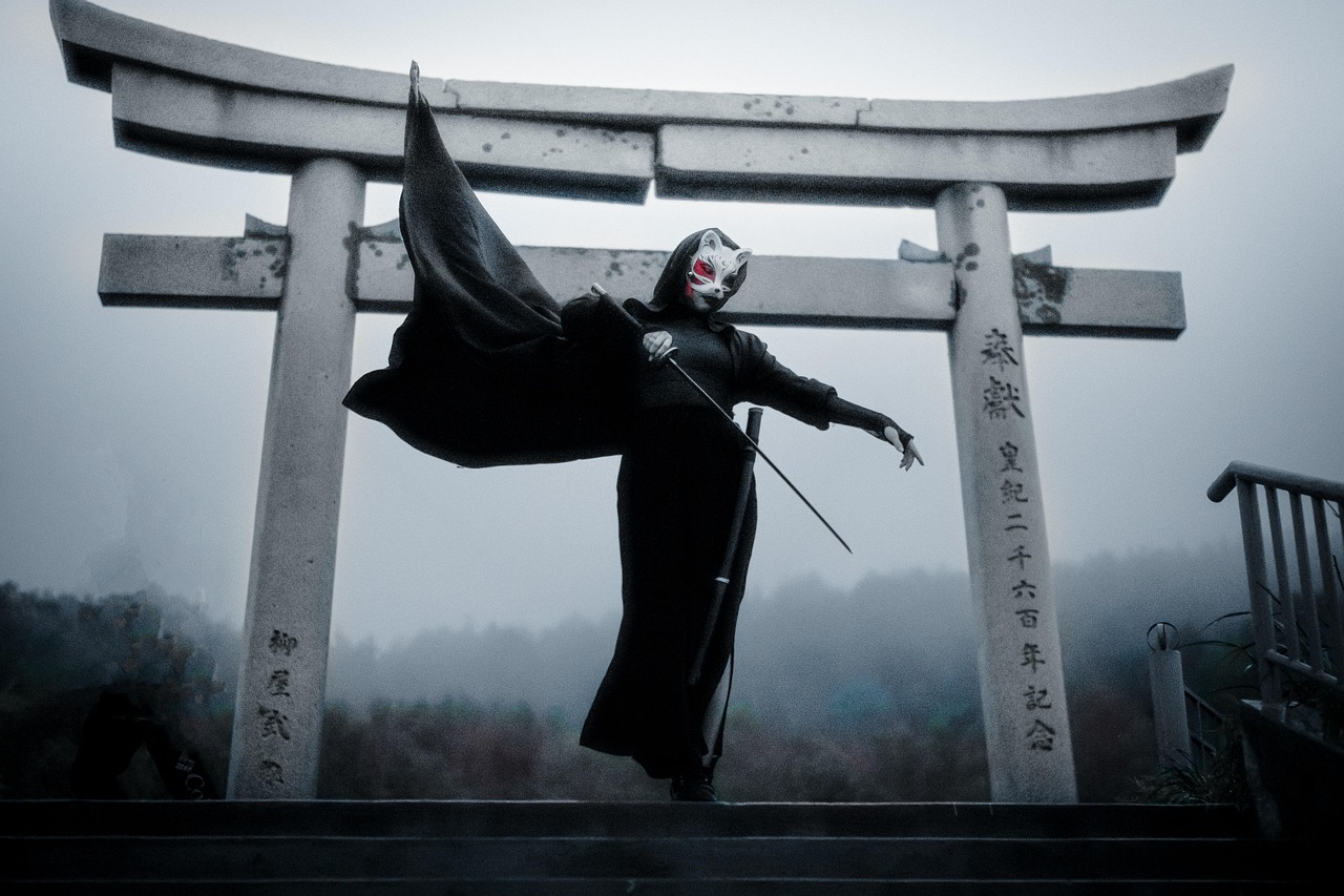 torii, traditional japanese gate, sakhalin, sword, warrior, cloak, cosplay, black and white, sword, sword, warrior, warrior, warrior, warrior, warrior, cosplay, cosplay