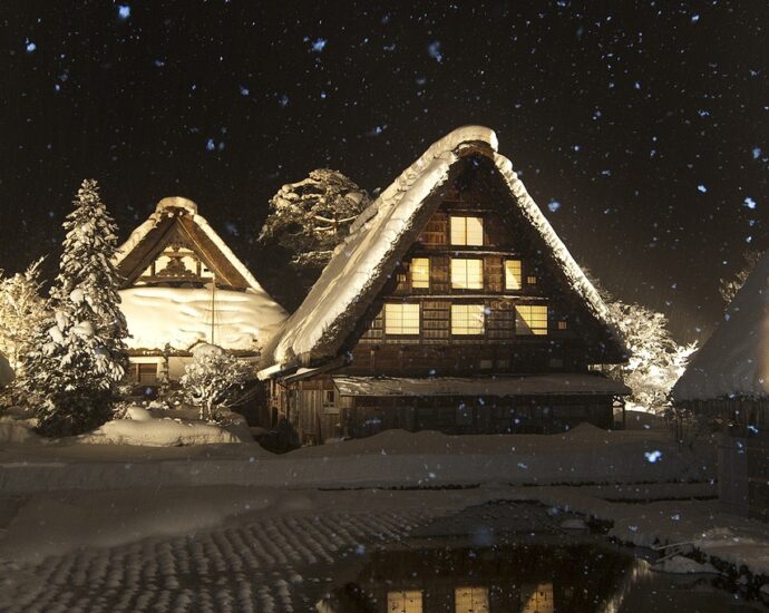 snow scene, shirakawa-go, snowy night, white river, house, night view, shirakawa, night, snow, nature, winter, lights, christmas, flake, nunohneun night, home, lungs, flakes