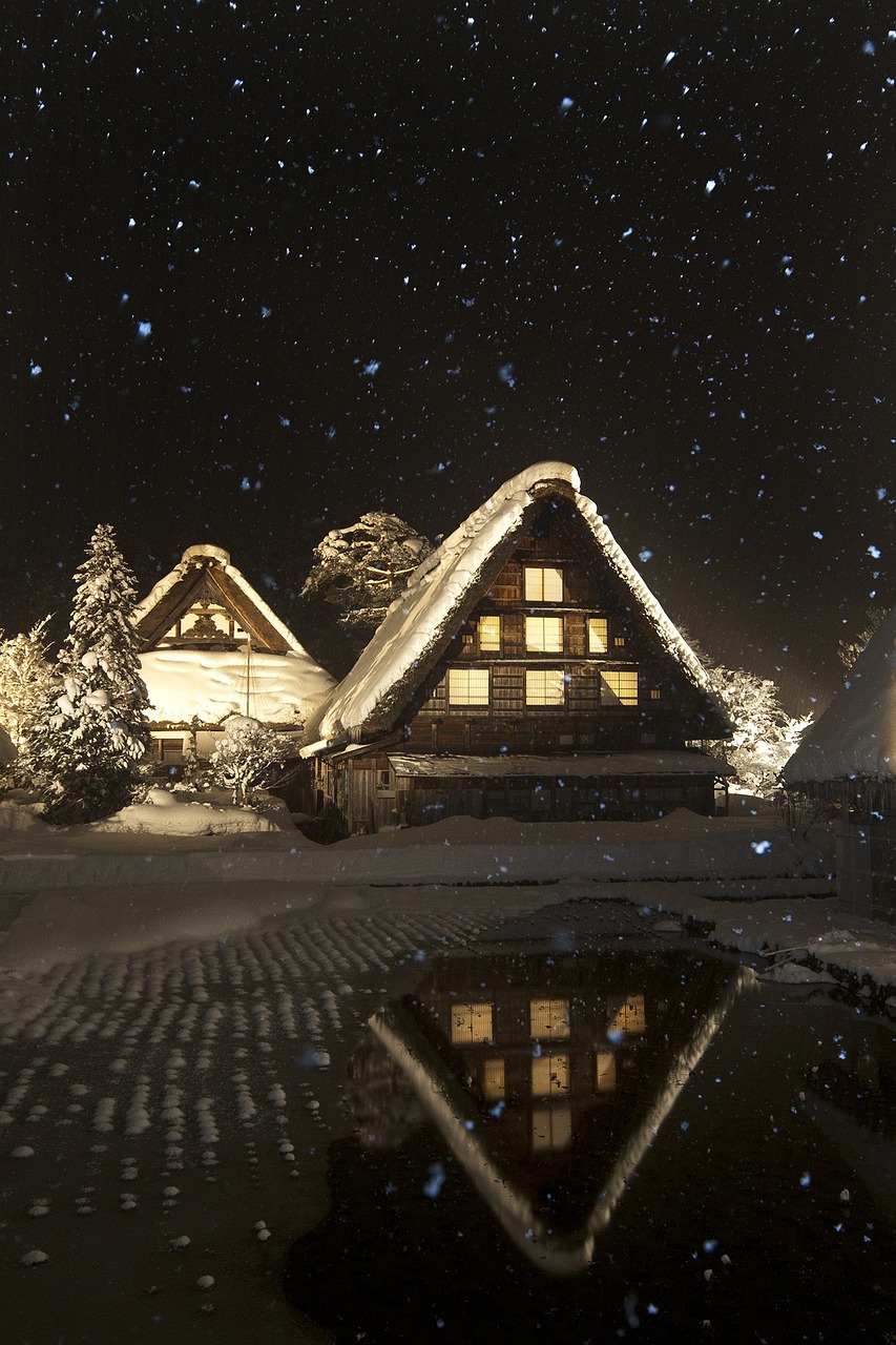 snow scene, shirakawa-go, snowy night, white river, house, night view, shirakawa, night, snow, nature, winter, lights, christmas, flake, nunohneun night, home, lungs, flakes