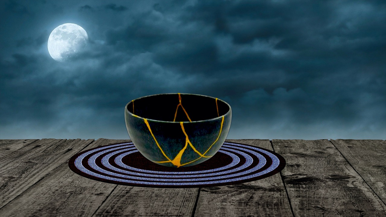 vase, bowl, kintsugi, art, resilience, gold, landscape, evening, moon, clouds, broken, repair, wood, scenic, twilight, kintsugi, kintsugi, kintsugi, kintsugi, kintsugi