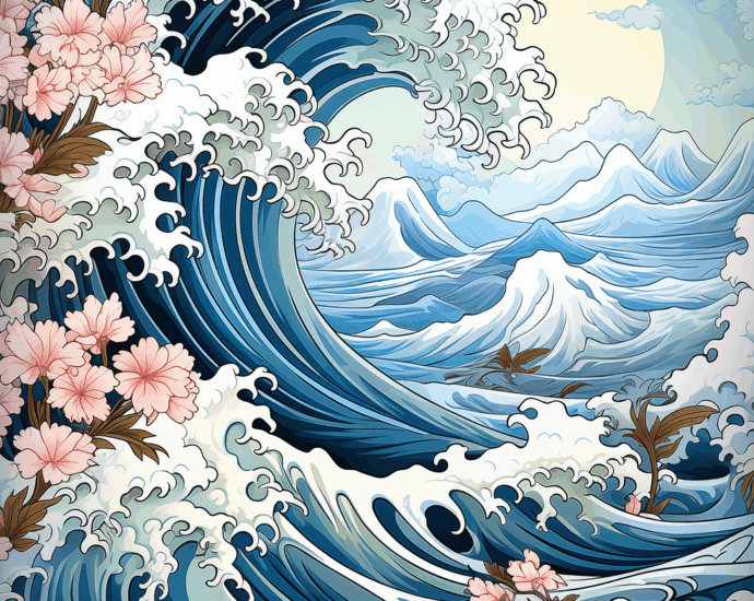 ai generated, flowers, sakura, wave, ukiyo-e, mountain, japan, nature, landscape, asia