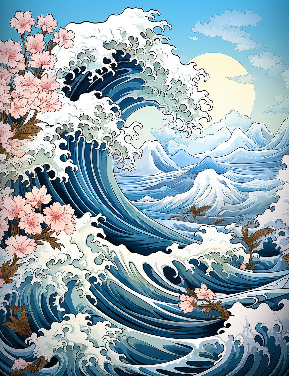 ai generated, flowers, sakura, wave, ukiyo-e, mountain, japan, nature, landscape, asia