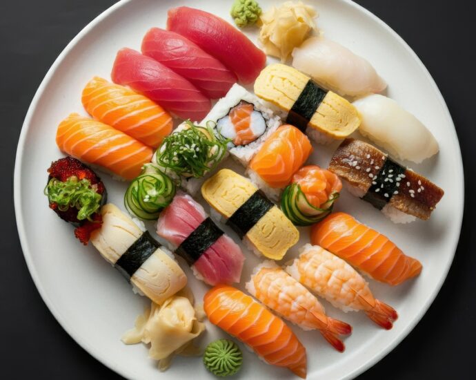 ai generated, sushi, salmon sushi, tuna sushi, eel sushi, shrimp sushi, cucumber rolls, pickled ginger, wasabi, white plate, sushi platter, seafood, sushi variety, gourmet sushi, traditional sushi, asian cuisine, food presentation, sushi rolls, fresh ingredients, restaurant food, sushi assortment, culinary art, fusion cuisine, elegant dish, sushi selection, japanese