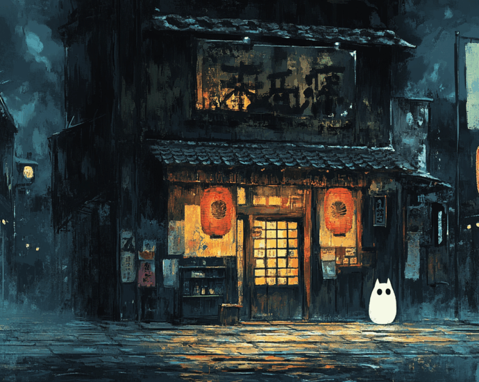 ai generated, street scene, night, cat, japan, japanese, yokai, bake neko, lanterns, store, spooky