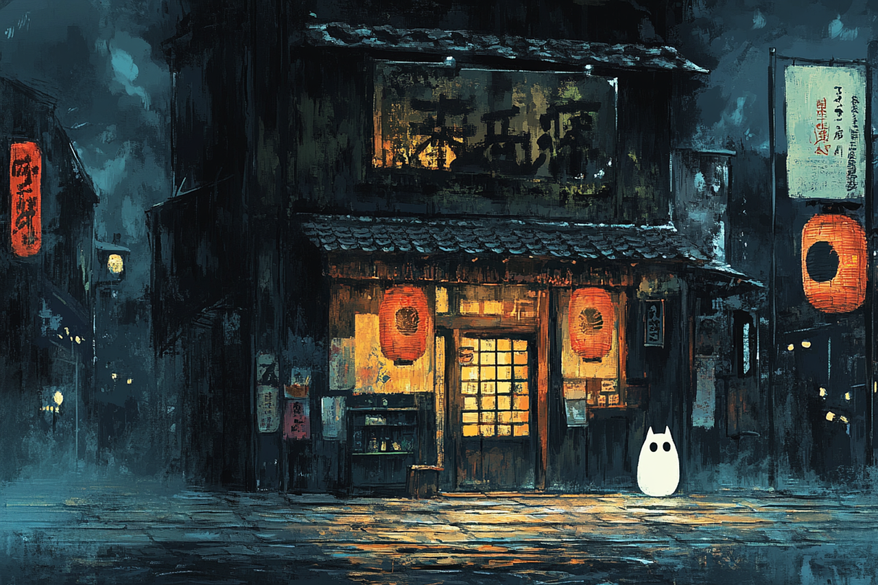 ai generated, street scene, night, cat, japan, japanese, yokai, bake neko, lanterns, store, spooky